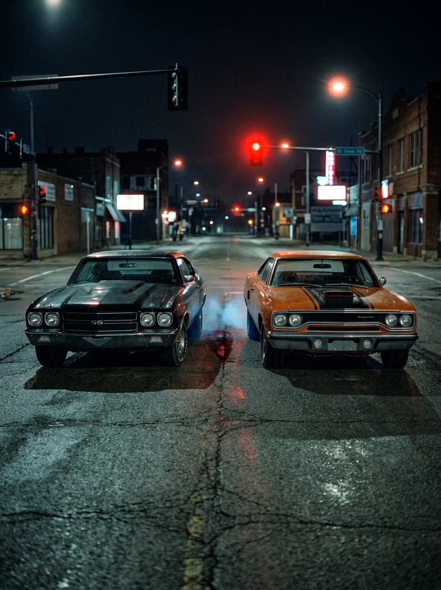 A black Chevelle SS and an orange Plymouth Road Runner facing off nose-to-nose at a nighttime intersection under a red traffic light.