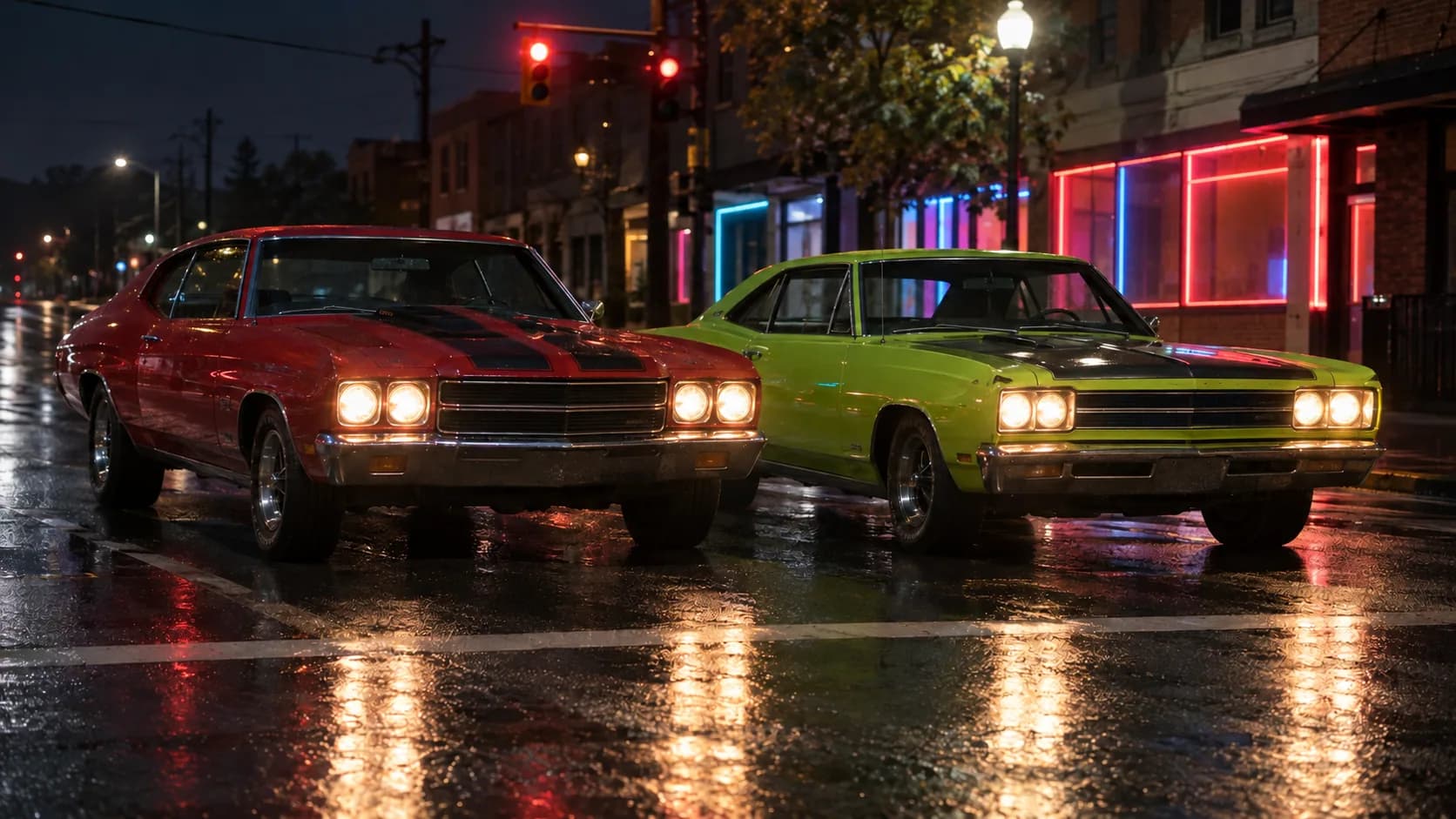A red Chevelle SS and a lime green Plymouth Road Runner side by side at a stoplight on a wet neon-lit street
