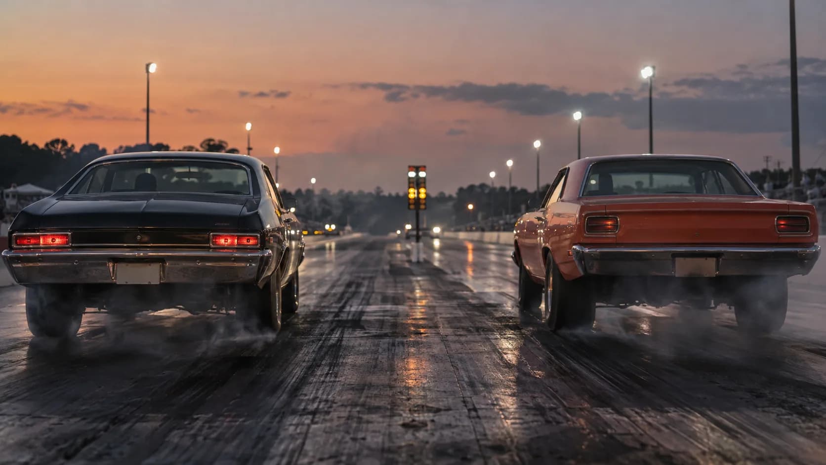 Two late-1960s muscle cars lined up at a drag strip starting line at dusk, seen from behind