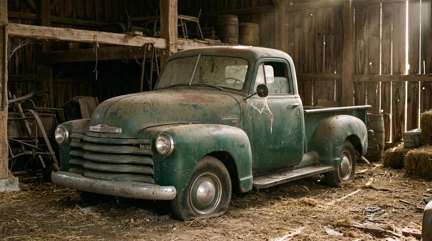 A weathered dark green Chevrolet 3100 Advance Design pickup parked inside a wooden barn, dust and cobwebs on the fenders, sunlight cutting through the barn boards.