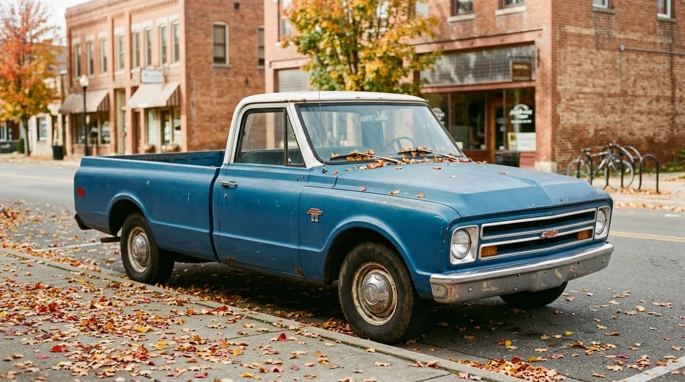Fallen leaves scattered across the hood, parked on a quiet brick main street, this blue-and-white C10 looks right at home in autumn.