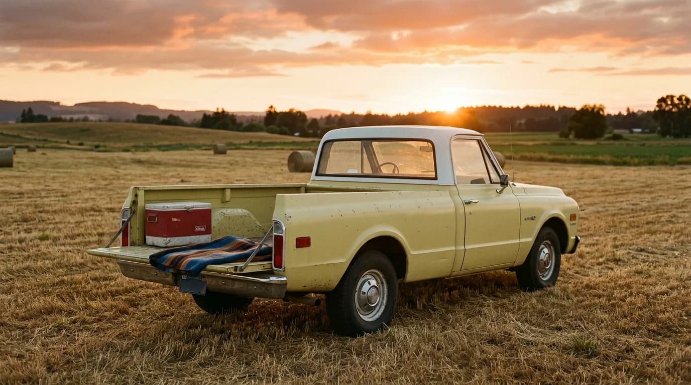 Tailgate down, a cooler and a blanket waiting, and a hay field turning gold at sunset, hard to beat this spot for a picnic.