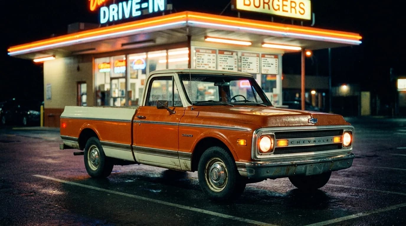 An orange-and-white Chevrolet C10 pickup parked beneath the glowing neon awning of a drive-in burger stand at night, its chrome grille and round headlights lit up against the dark parking lot.