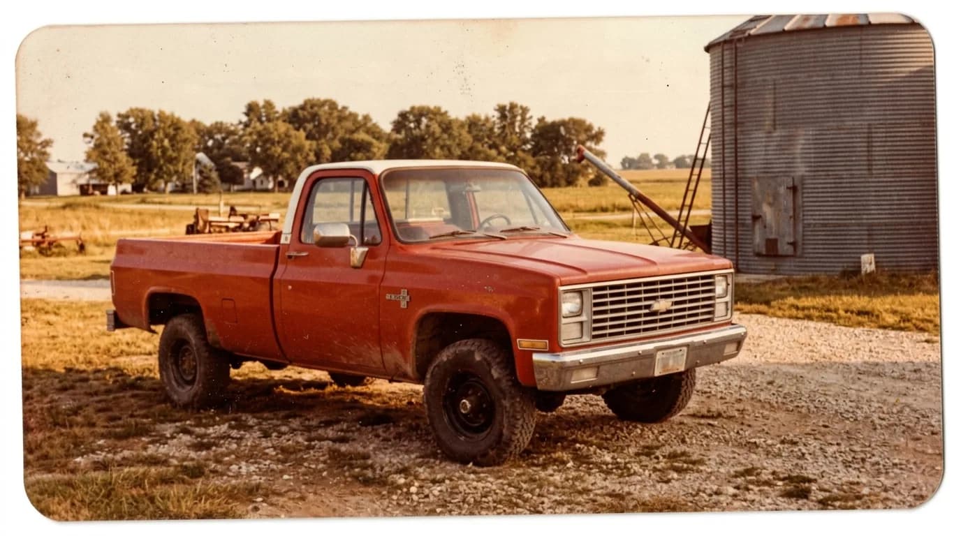 A faded old snapshot of a red K10 parked by the grain bin, the kind of photo that turns up in a shoebox decades later.