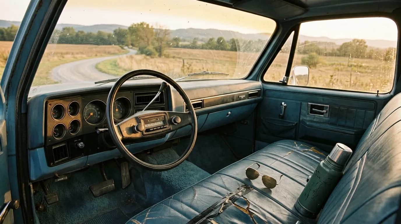 A cracked bench seat, a pair of aviator sunglasses, and a thermos riding shotgun, this K10's cab has seen a lot of dirt roads.