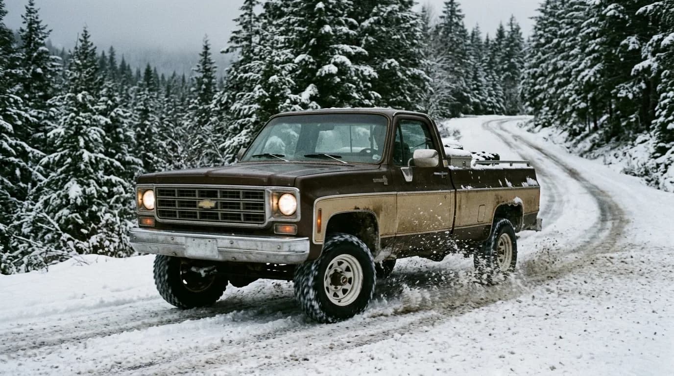 A brown Chevrolet K10 4x4 pickup with round headlights driving toward the camera on a snow-covered forest road, headlights on, tires kicking up slush under a gray sky.