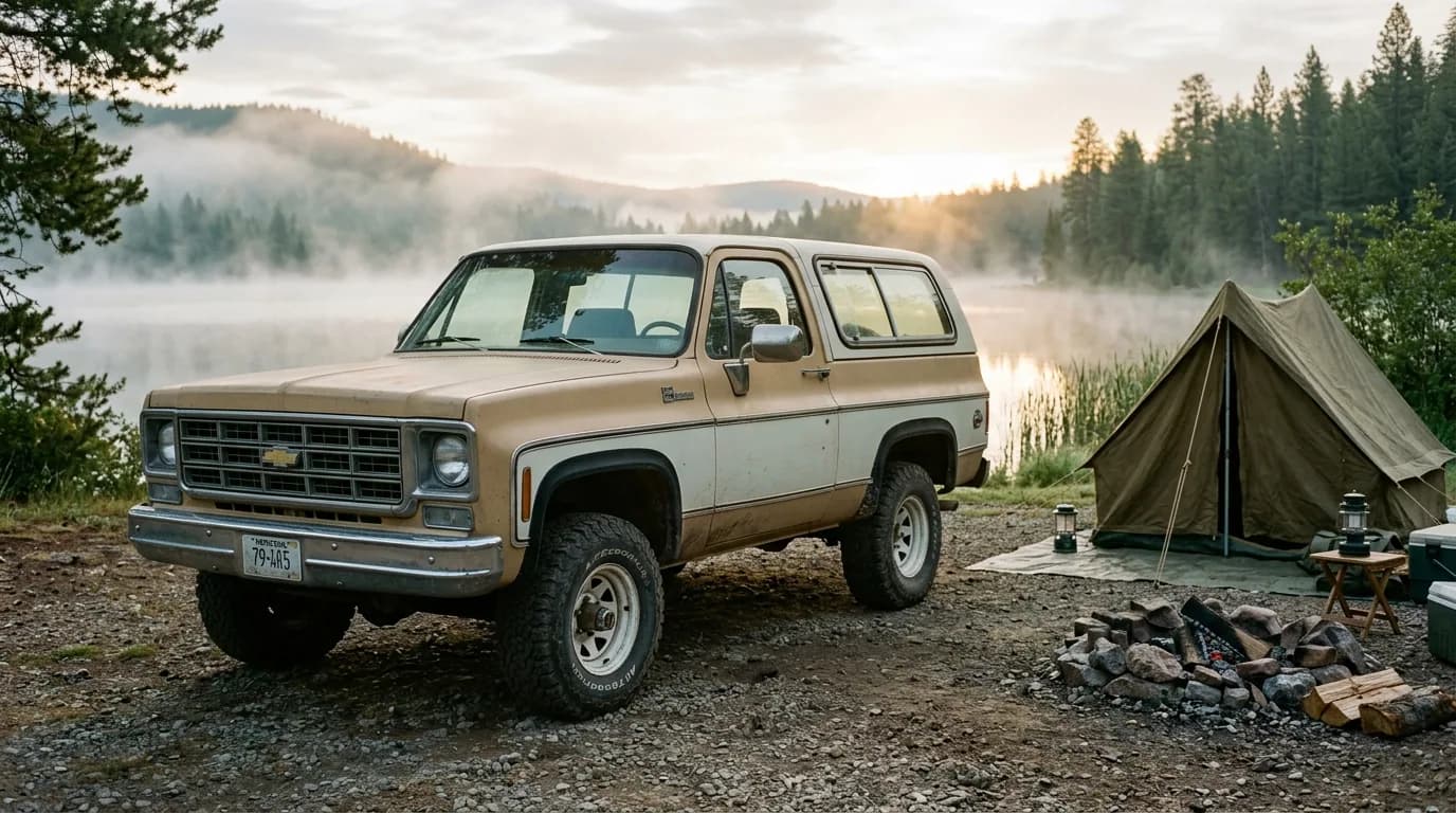 A tan and white full-size Chevrolet Blazer with knobby tires parked on gravel beside a misty lake at sunrise, next to an olive canvas tent, a camp lantern, a cooler and a stone fire ring.