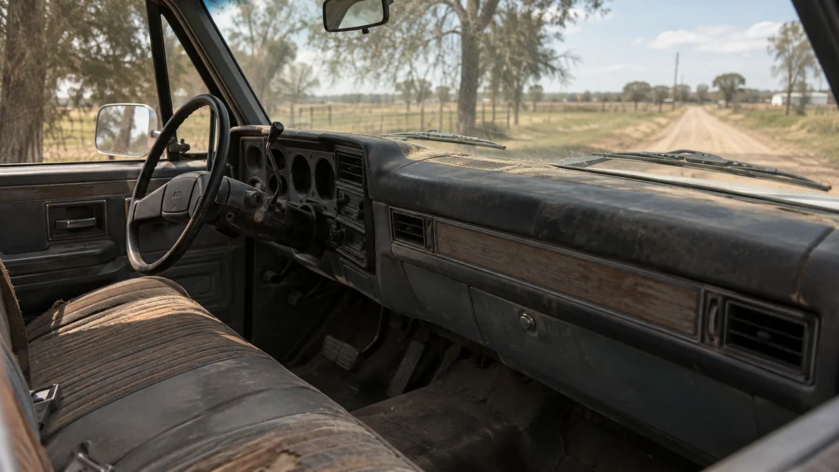 Worn bench seat, big wheel, wood-look dash and a dirt road ahead. What did your first pickup smell like? Full story: https://speedofdaily.com/chevy-square-body-years-guide Image: A