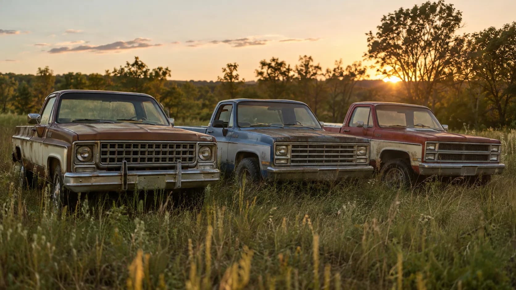 AI-generated render of three weathered two-tone pickup trucks parked in tall grass at sunset, the left one with round headlights and the other two with rectangular headlights