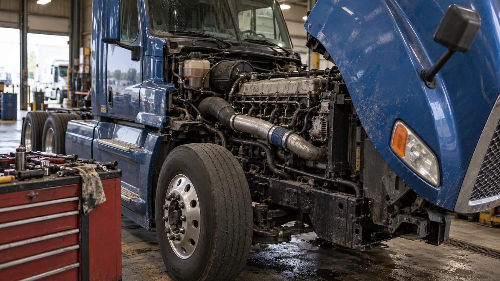 Hood tilted forward, tools spread across the chest, a long day in the service bay. Most 15-liter headaches today live in the emissions hardware, not the bottom end.