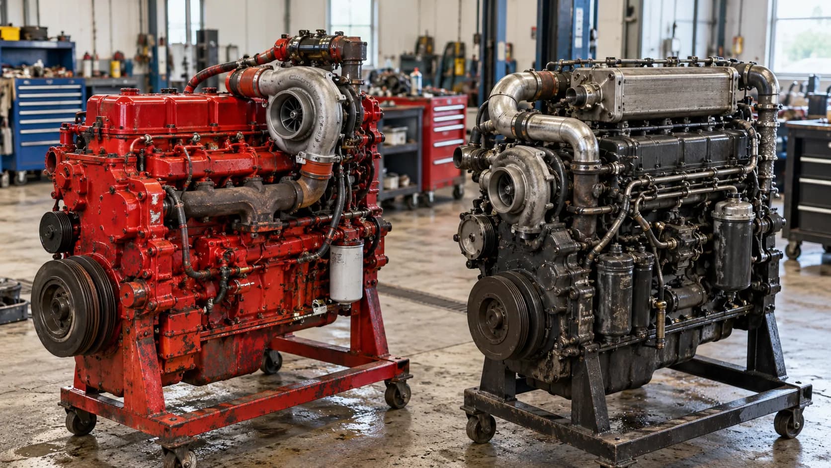 Two large inline-six diesel engines on wheeled stands in a truck shop, one painted red and one dark gray, both with exposed turbochargers and intake piping.