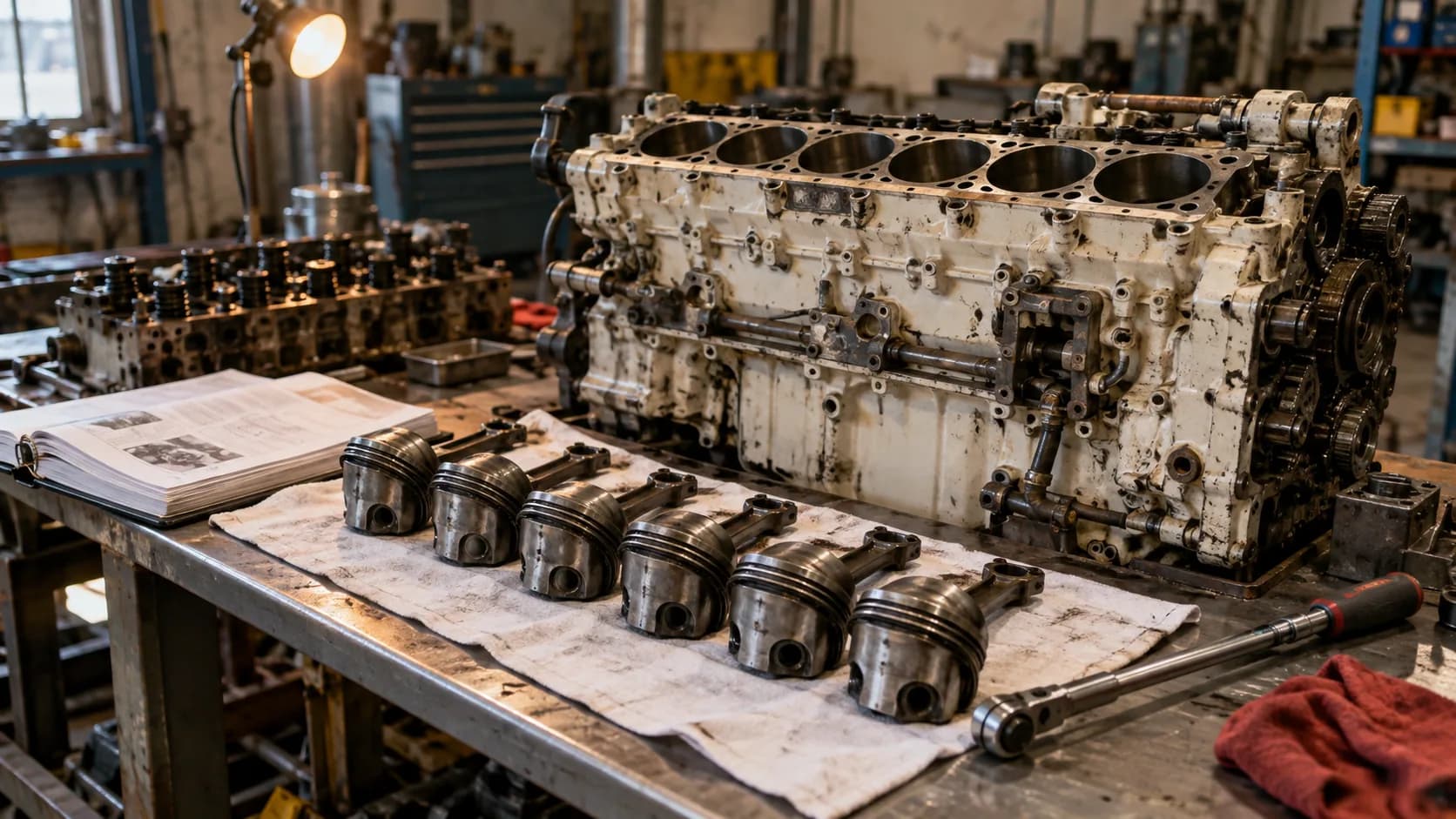 Block on the bench, six pistons lined up on a shop towel, manual open. This is where a million-mile engine story starts or ends.