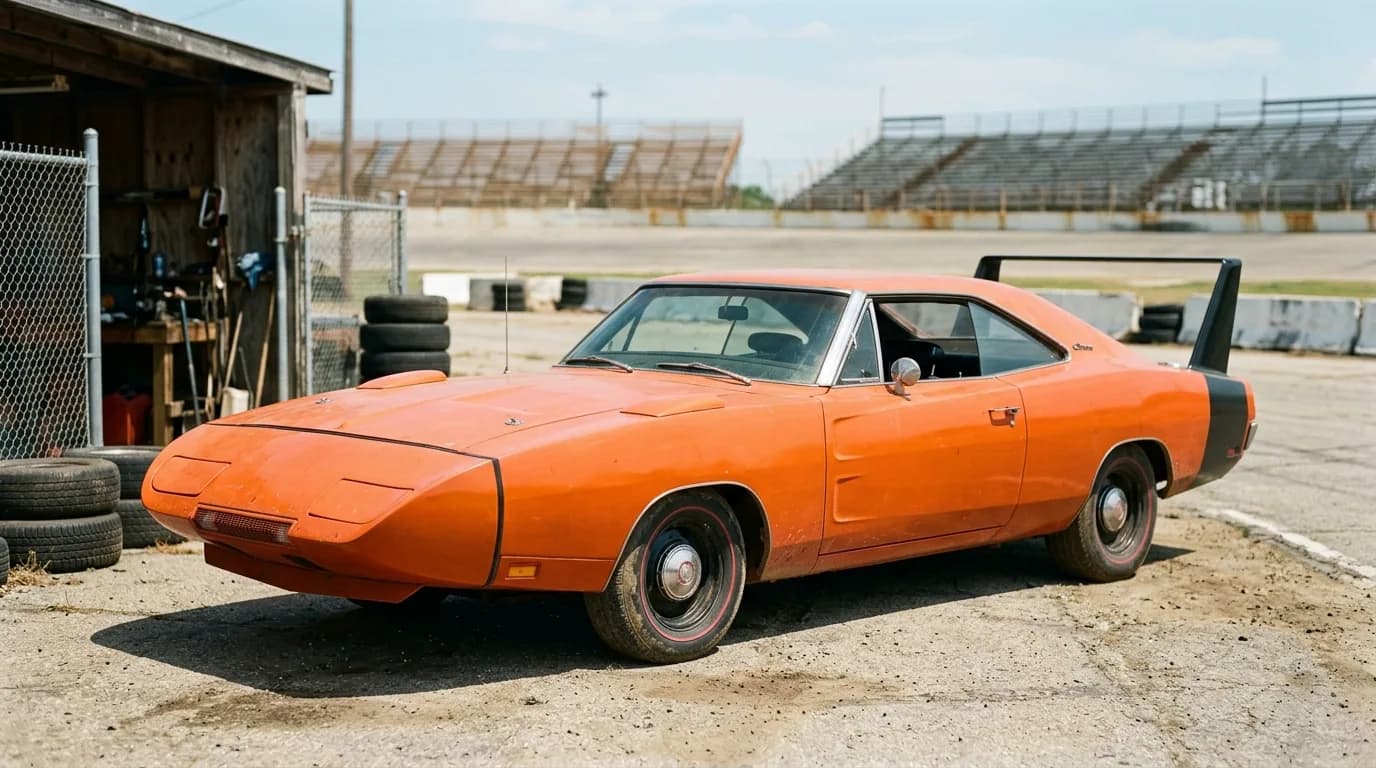 AI-generated render of a weathered orange 1969 Dodge Charger Daytona parked beside a trackside garage, with empty oval-track grandstands in the background.