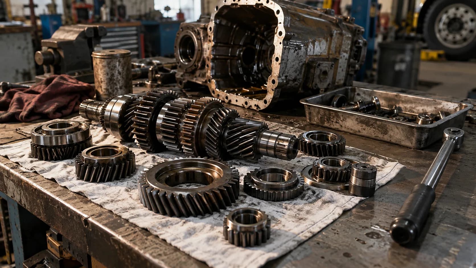 A gearbox laid open on a shop bench, shafts and gears lined up on a rag beside a torque wrench. Thirteen speeds or eighteen, this is what is inside.