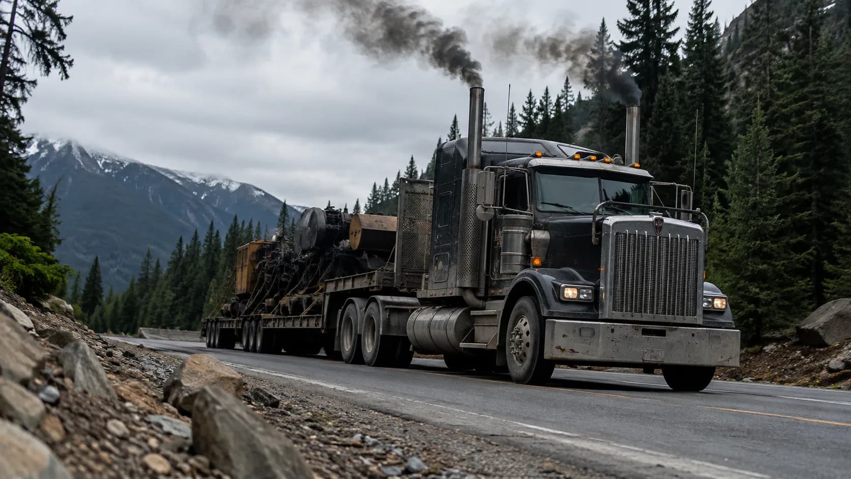Black smoke from twin stacks, a lowboy carrying heavy machinery, and a mountain road through the pines. Which gearbox would you want under this load?