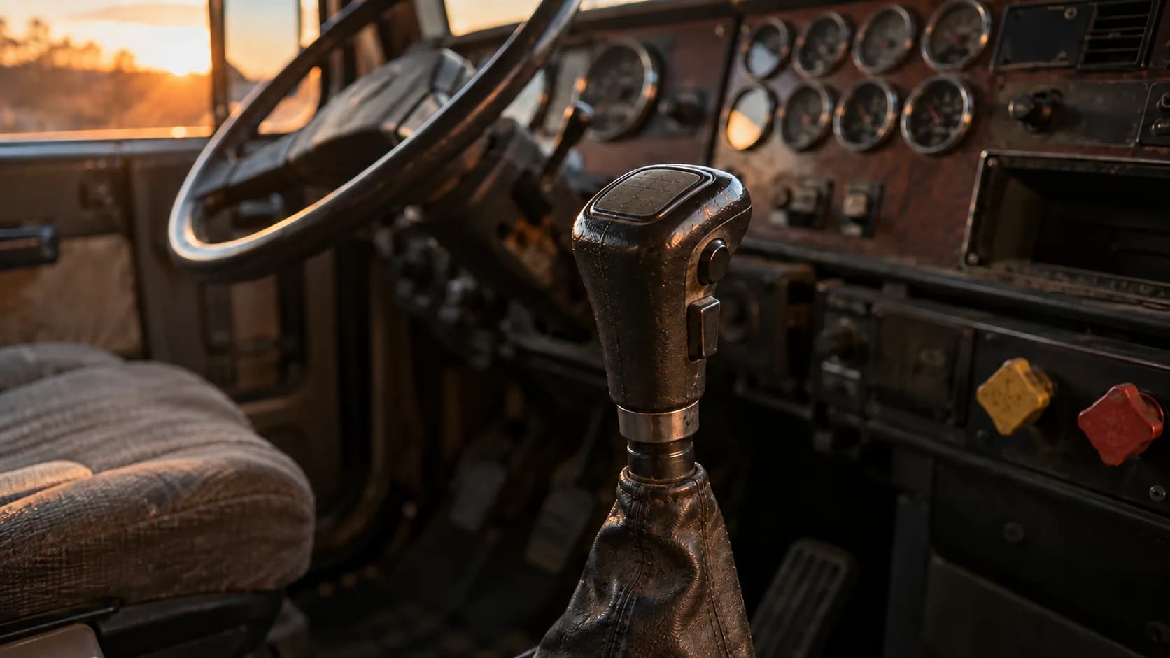 A close view of a worn gearshift knob with a flat top panel and a side button inside a dusty truck cab, with a large steering wheel, gauges, a cloth seat and a sunset through the window.