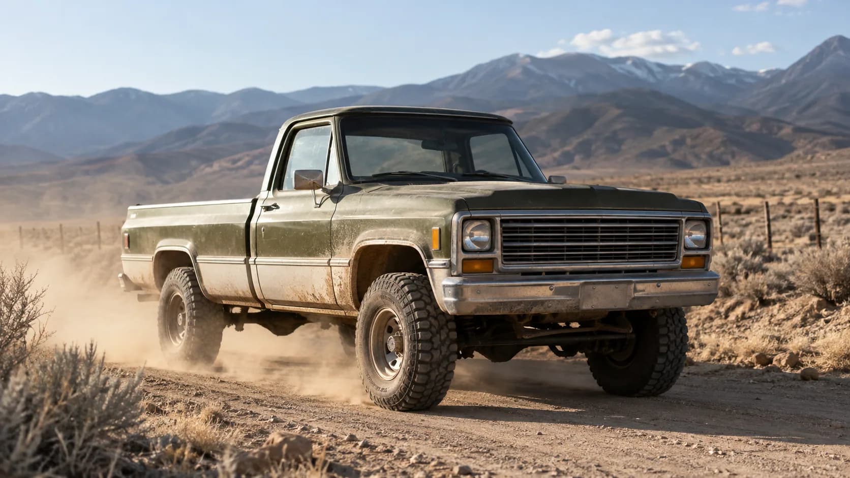 Big tires, a tall stance and a cloud of desert dust with the mountains behind. Would you rather drive a 70s pickup on the highway or out here on dirt?