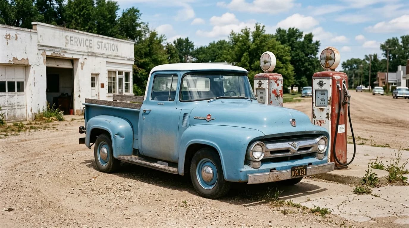 A light blue Ford F-100 with a white roof parked beside vintage gas pumps at a weathered small-town service station, other classic cars visible down the street.