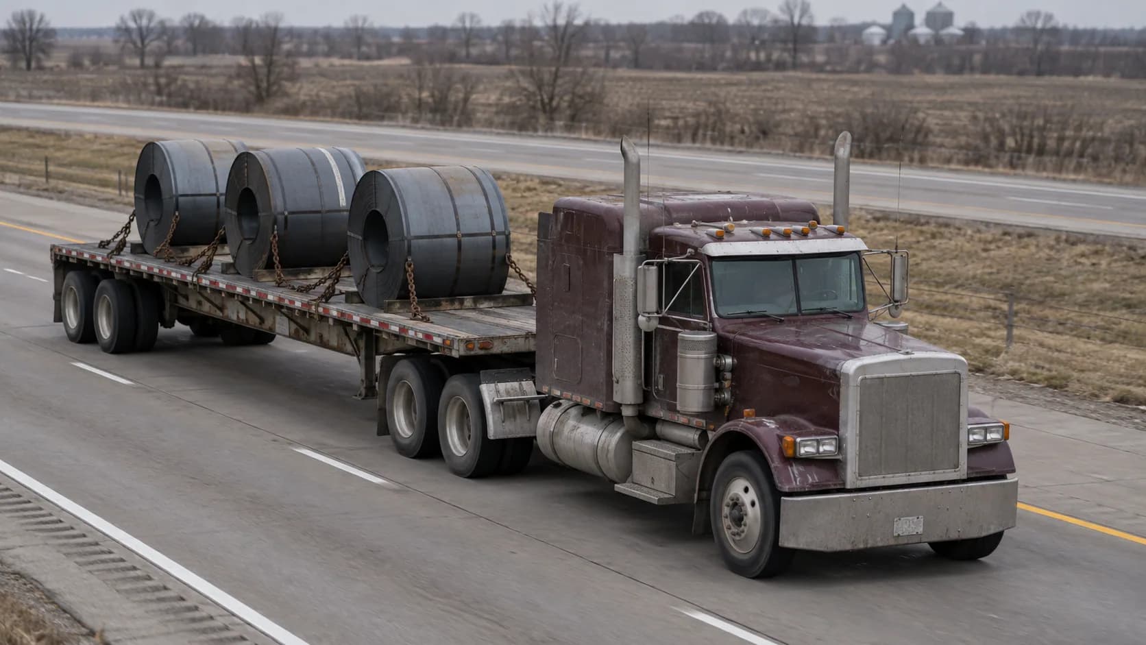 Three steel coils chained down on a flatbed and a long-nose tractor rolling through late-winter farm country. Remember when Ford still had a truck for that job?