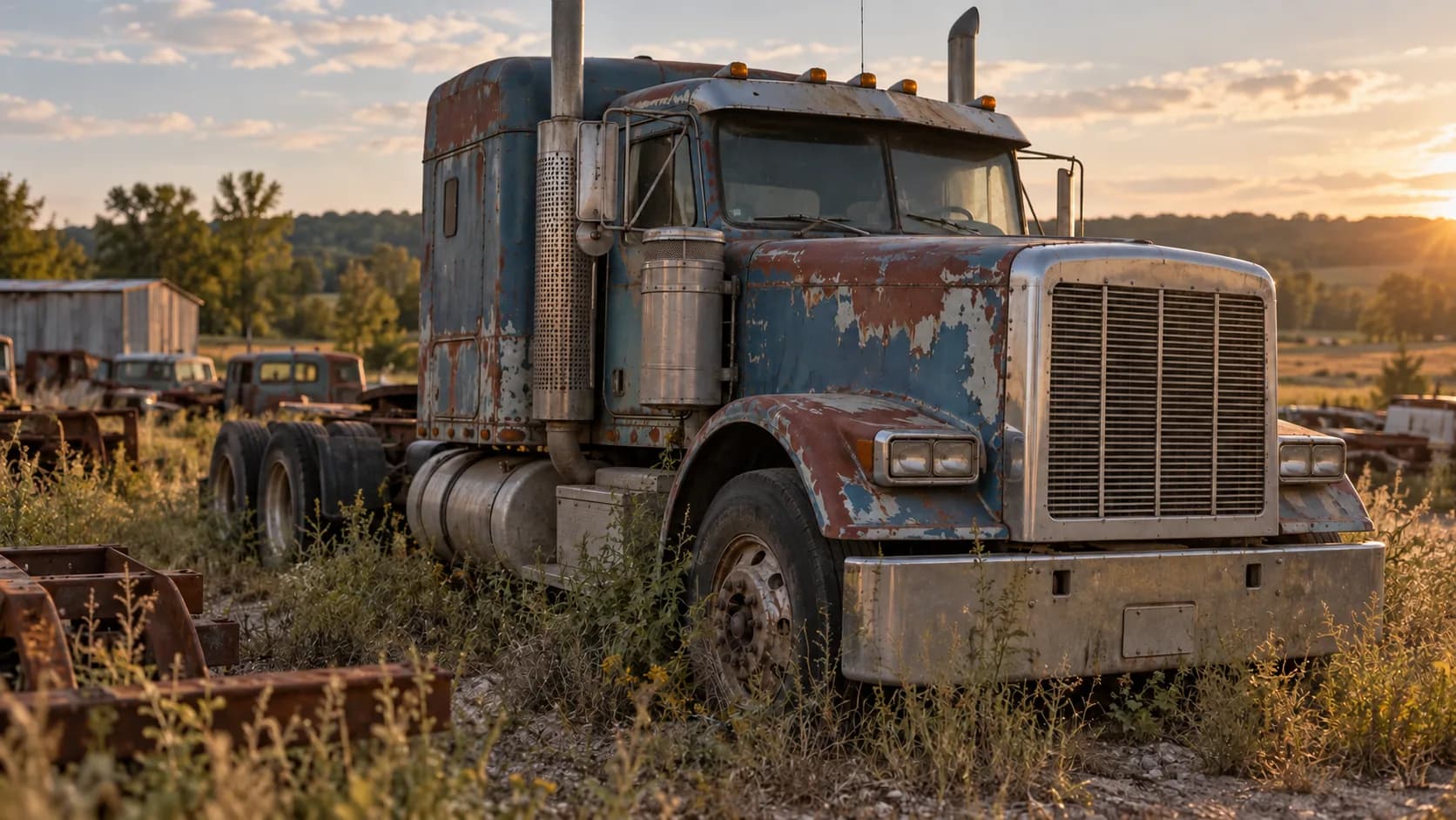 Faded blue paint, rust and weeds up to the bumper. How many old long-hoods are still waiting in back lots like this one?