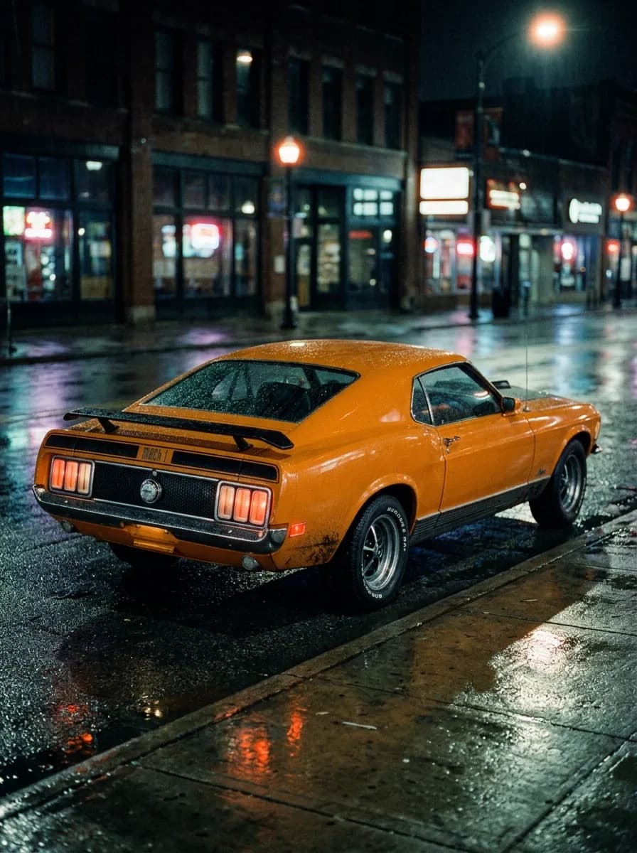 AI-generated render of an orange 1970 Ford Mustang Mach 1 fastback on a rain-slicked city street at night, with neon signs reflected in the wet pavement.
