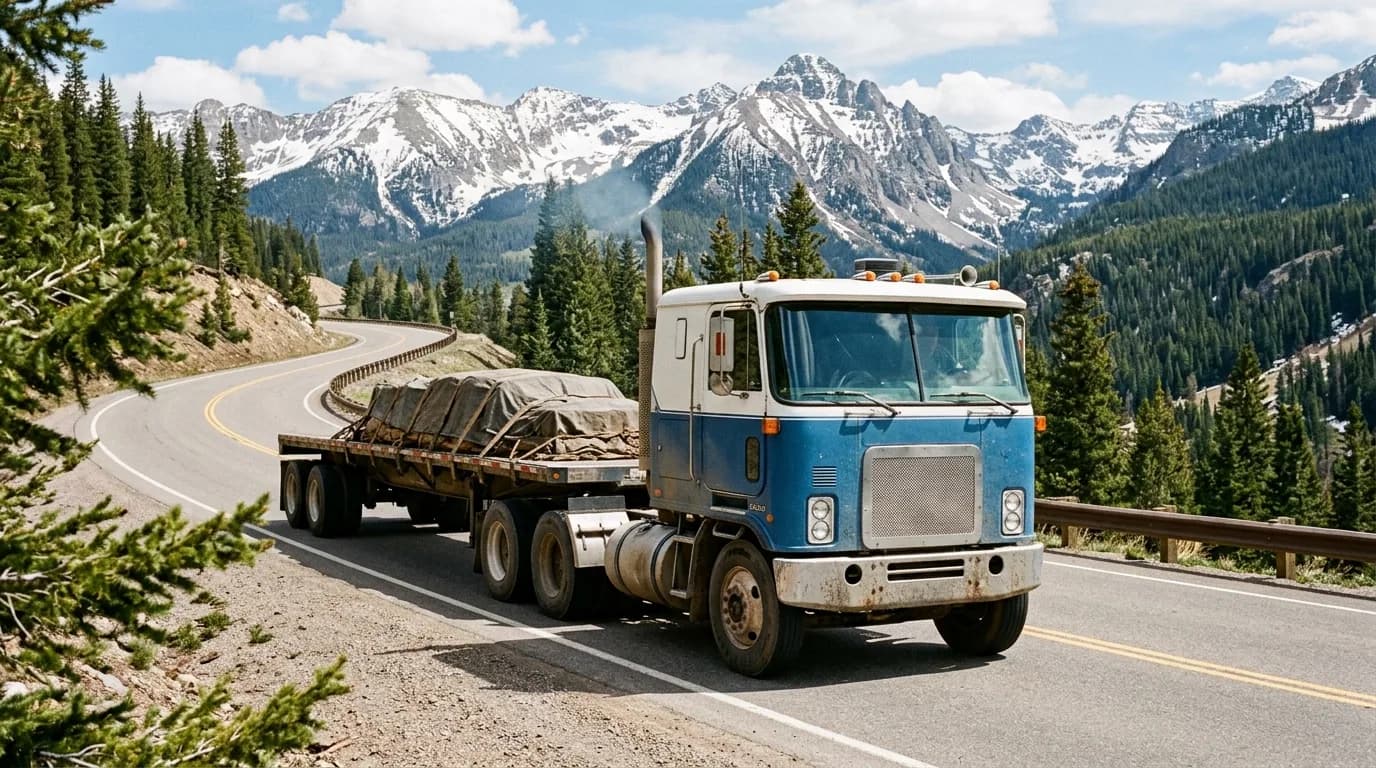 Snow on the peaks, a flatbed load strapped down, and a lot of miles left before the next stop.