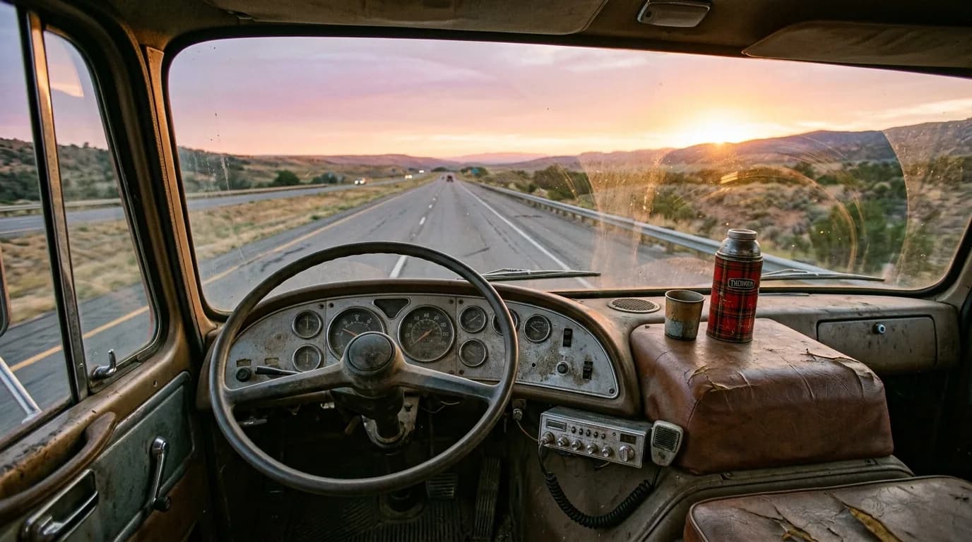 Sunset through a dusty windshield, a CB radio on the dash, and a thermos riding shotgun, that's the Astro cab at the end of a long day.