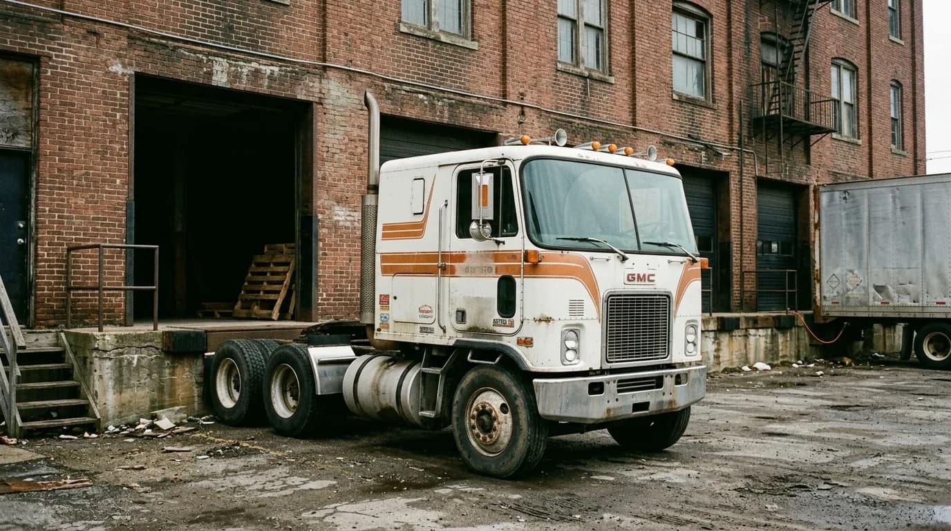 A white and orange-striped GMC Astro 95 cabover tractor with a box trailer backed up to a loading dock at a weathered brick warehouse.