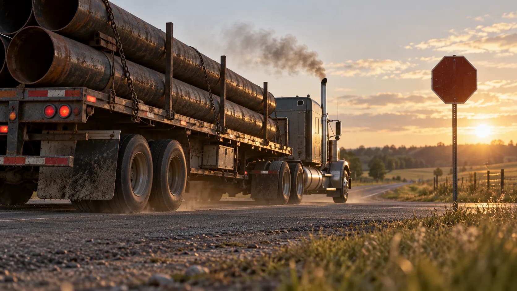 A flatbed of steel pipe rolling up to a stop sign at sundown means a long row of downshifts. How many gears do you skip?