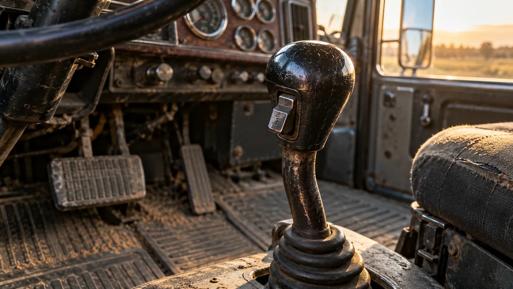Close-up of a worn black truck shift knob with a metal lever on its face, rising from a rubber boot in a dusty old cab, with pedals, gauges and a sunset field outside the window.