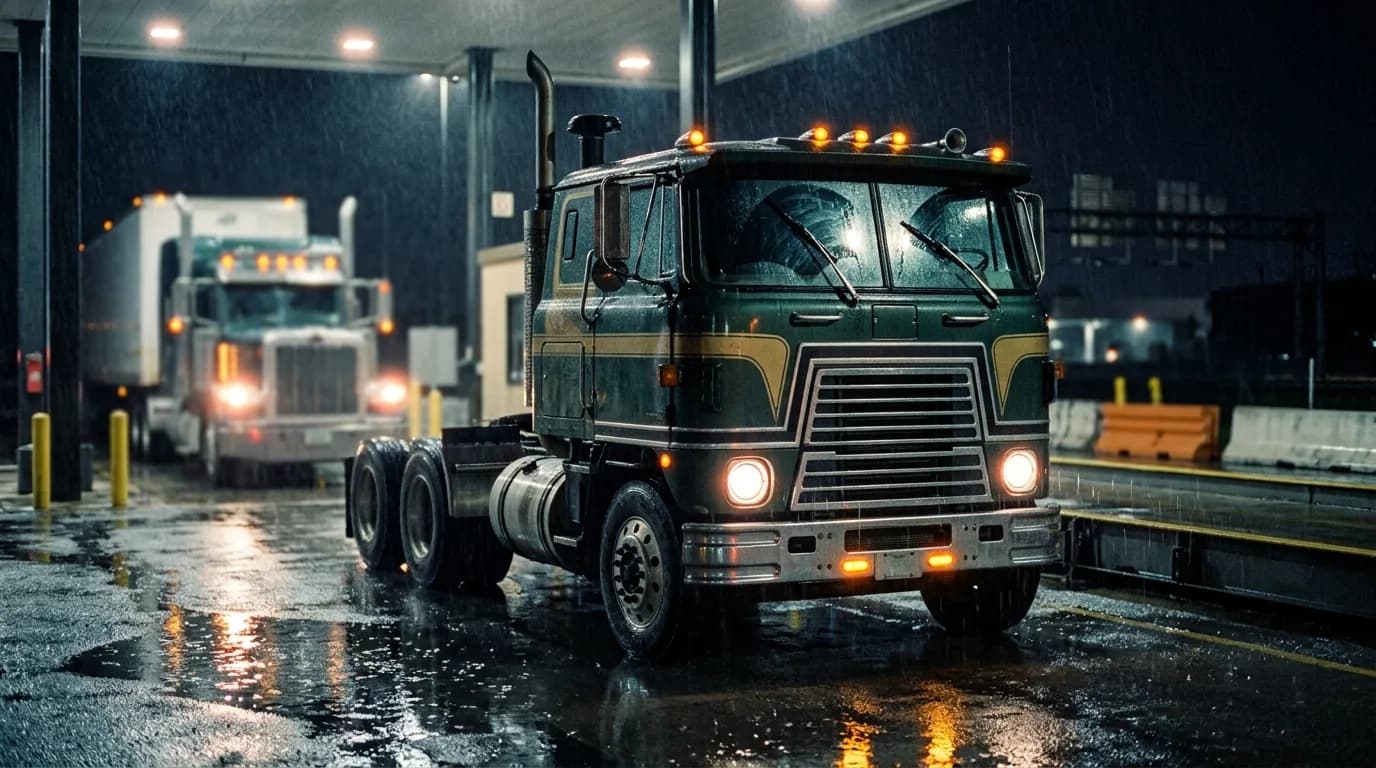 Rain on the windshield, headlights on, and another truck waiting under the lights. A dark green cabover takes its turn at the weigh station.