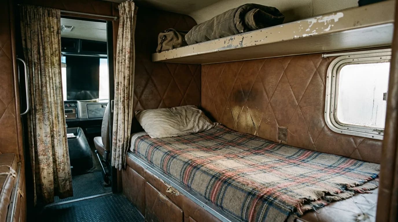 Quilted vinyl walls, a plaid blanket, and a window about this big. Could you sleep in this?