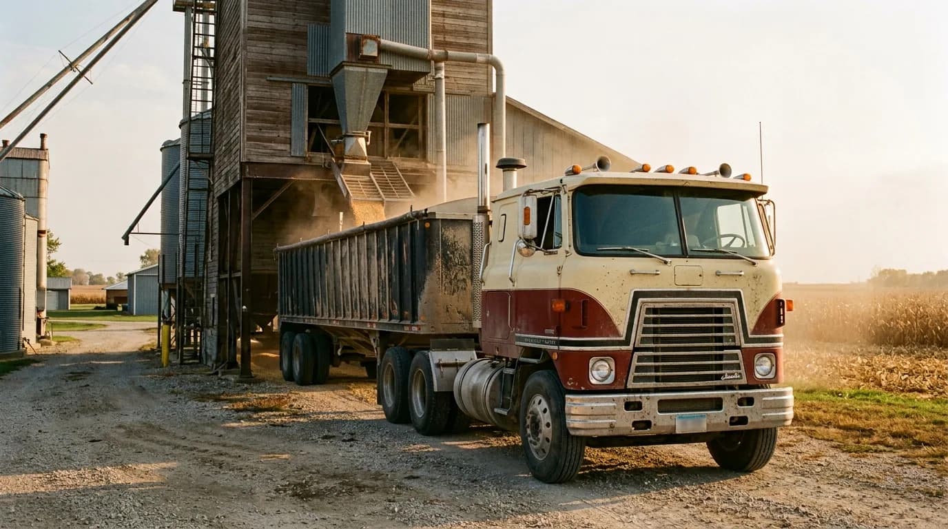 A cream and maroon cabover with a black-and-chrome grille and chrome bumper standing beside a weathered wooden grain elevator, with dust in the air, a grain trailer behind it and a cornfield in warm l