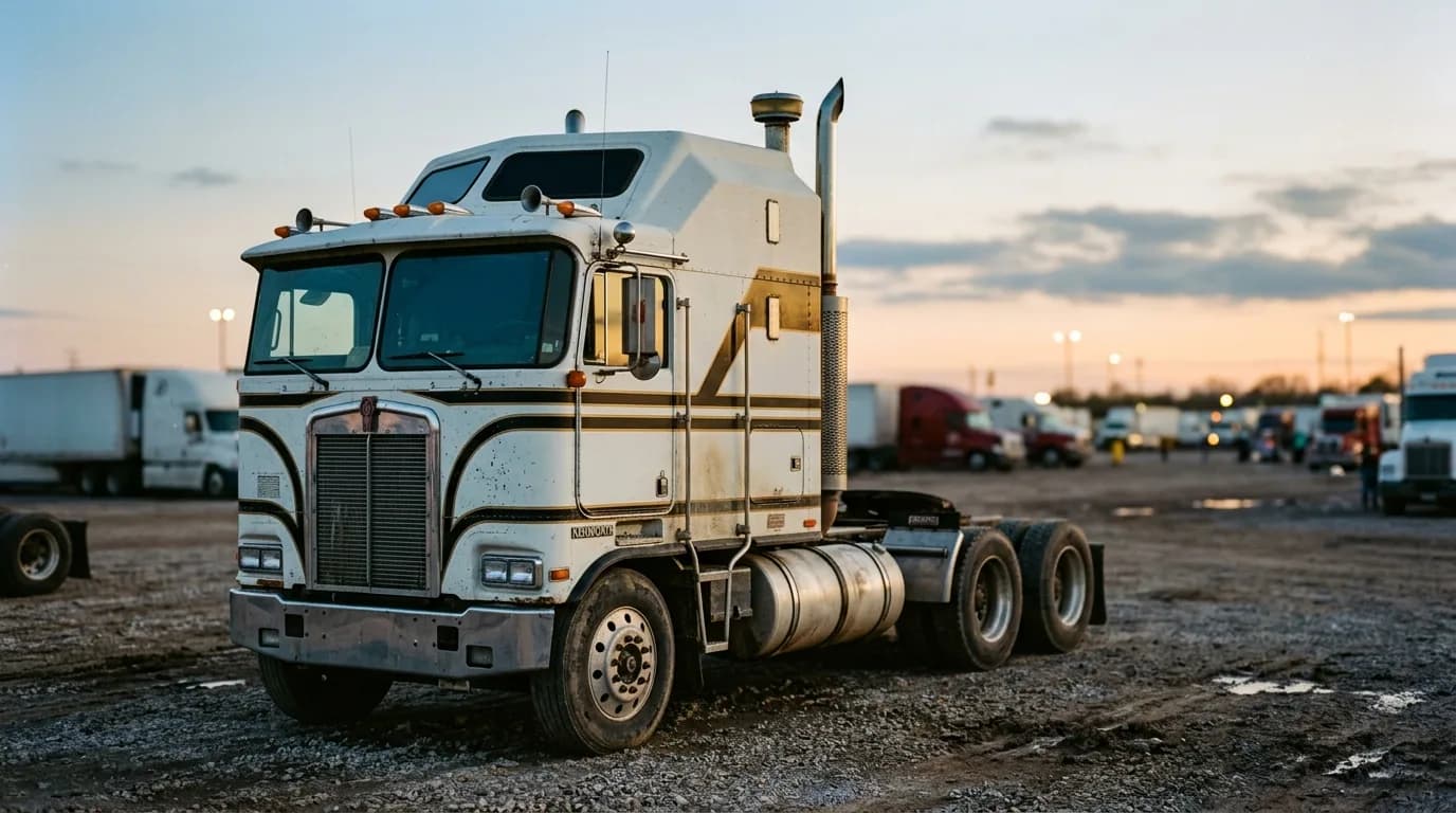 That flat nose and raised roofline only mean one thing: an Aerodyne, parked for the night among trucks it used to outrun.