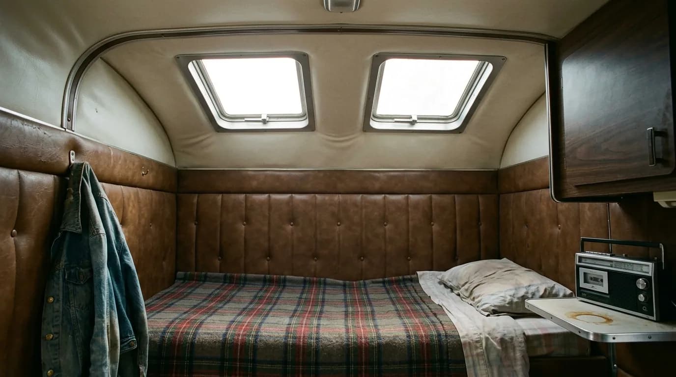 Two skylights, a plaid blanket, and a cassette player: seven feet of stand-up headroom that changed what sleeping in a cabover meant.
