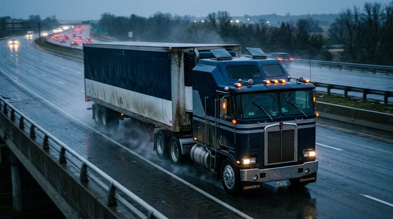 A dark blue Kenworth K100 Aerodyne cabover pulling a weathered trailer across a rain-slicked highway at dusk, headlights on and "KENWORTH" lettered on the bumper, with braking traffic streaming past i