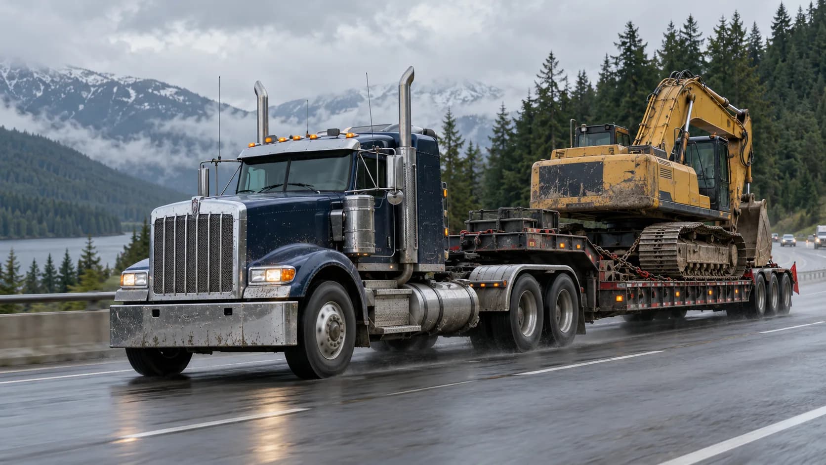 Wet highway, snow on the peaks and a whole excavator chained to the lowboy. Would you take this heavy-haul run in the rain, or wait for the weather to clear?