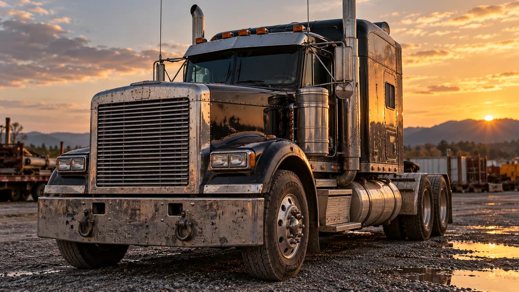 Tow hooks on the bumper, mud on the chrome and the sun going down over the yard. Some trucks earn their shine the hard way.