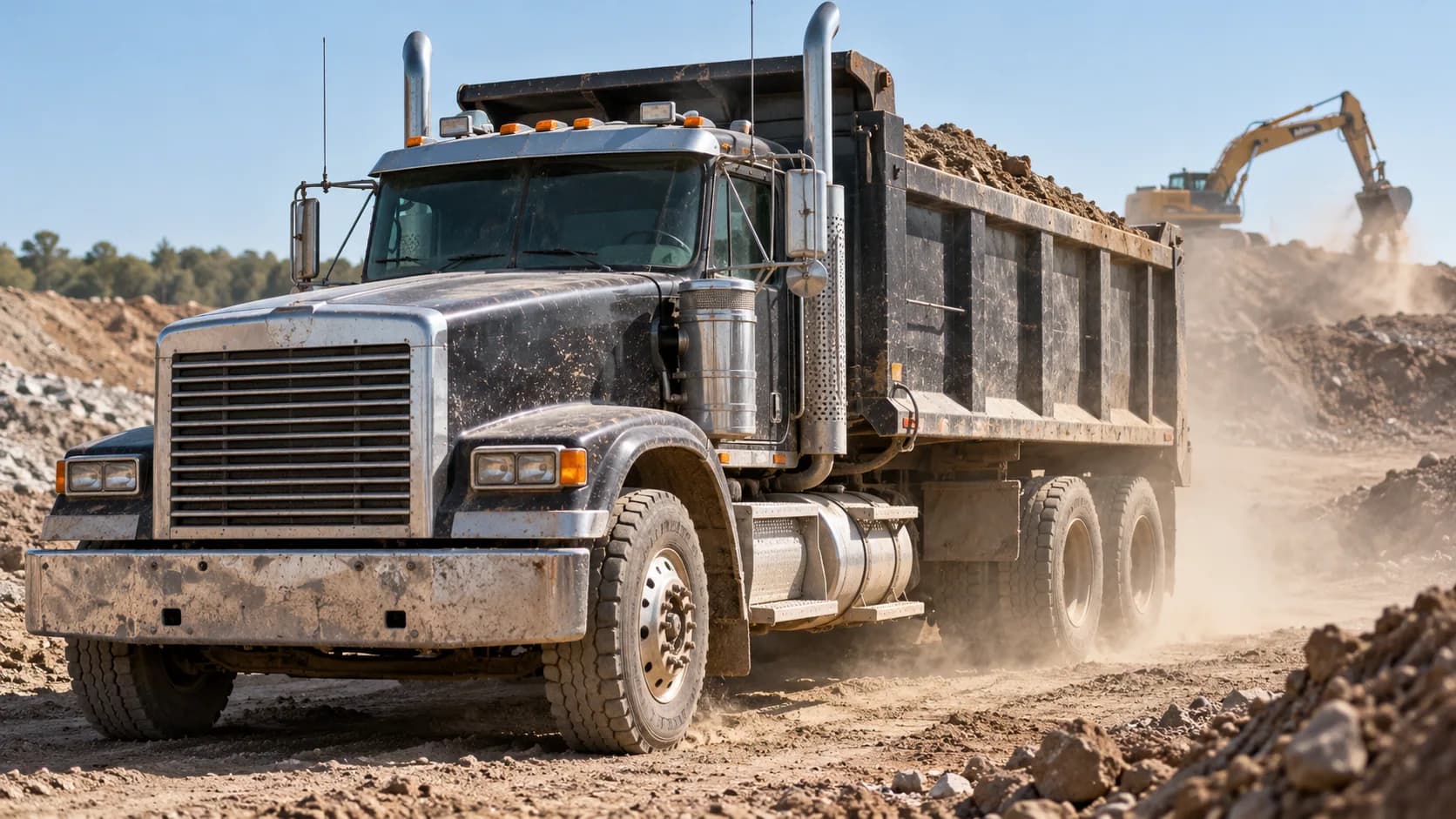 A black dump truck with a load of dirt, tall chrome stacks and a muddy polished bumper kicking up dust at an excavation site while a yellow excavator works in the background.