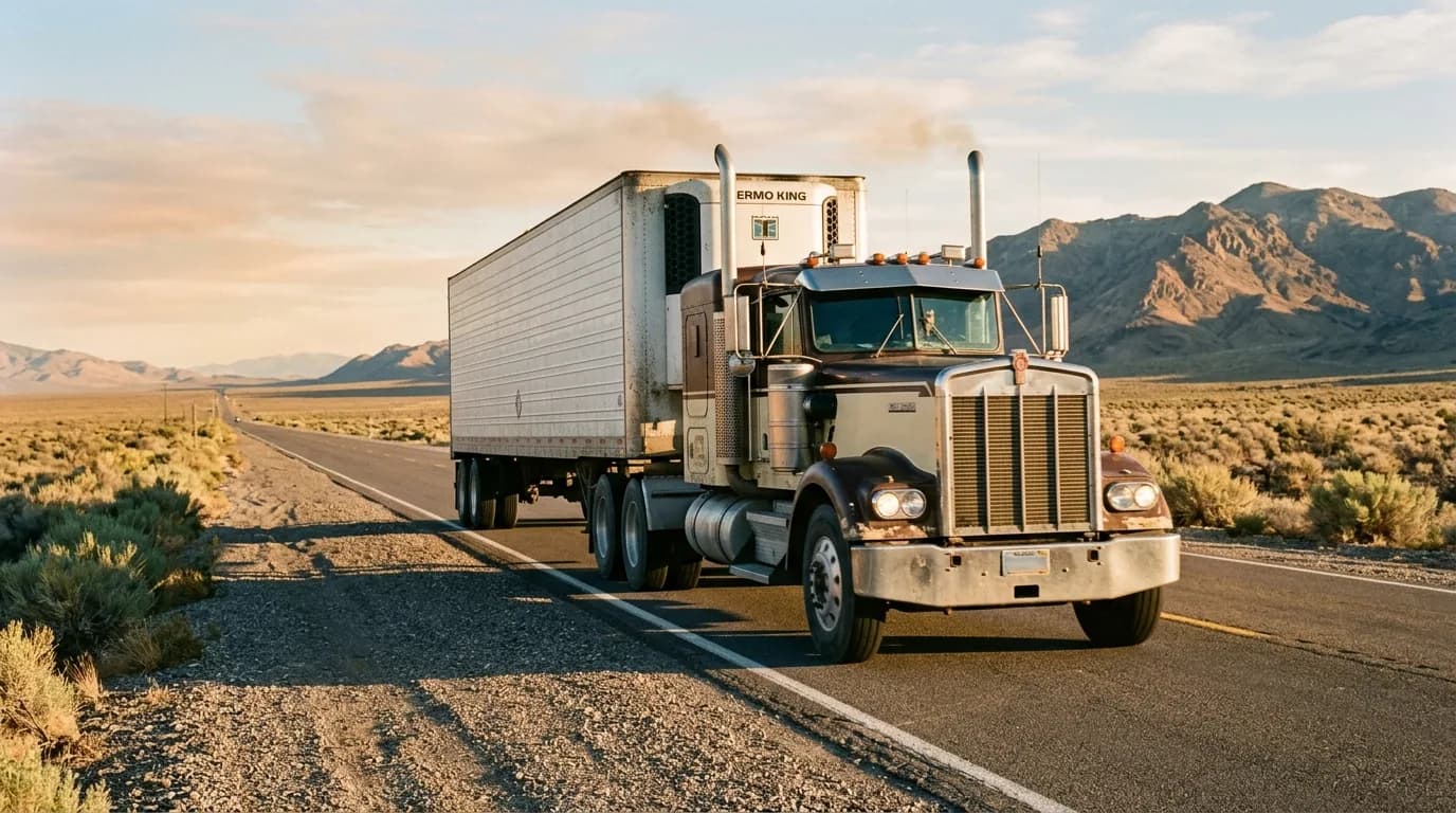 A weathered copper-brown Kenworth W900A pulling a white Thermo King-refrigerated trailer down a two-lane desert highway at golden hour, exhaust trailing behind it as bare mountains rise under a pale s