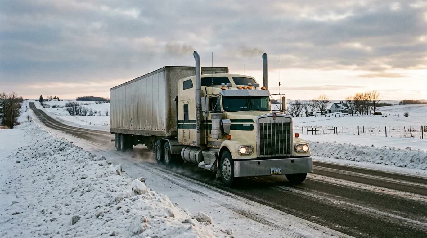 Cream paint, green stripes, a dry van, and a snow-banked highway with a farmhouse in the distance. Winter hauling just looks right behind a long nose.