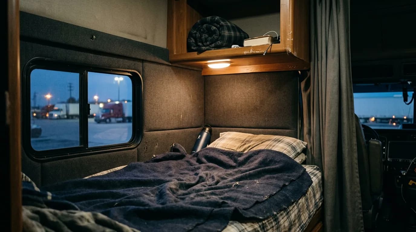 A plaid pillow, a navy blanket, a wood cabinet overhead, and the lights of a truck stop through the bunk window. The quiet half of the job.