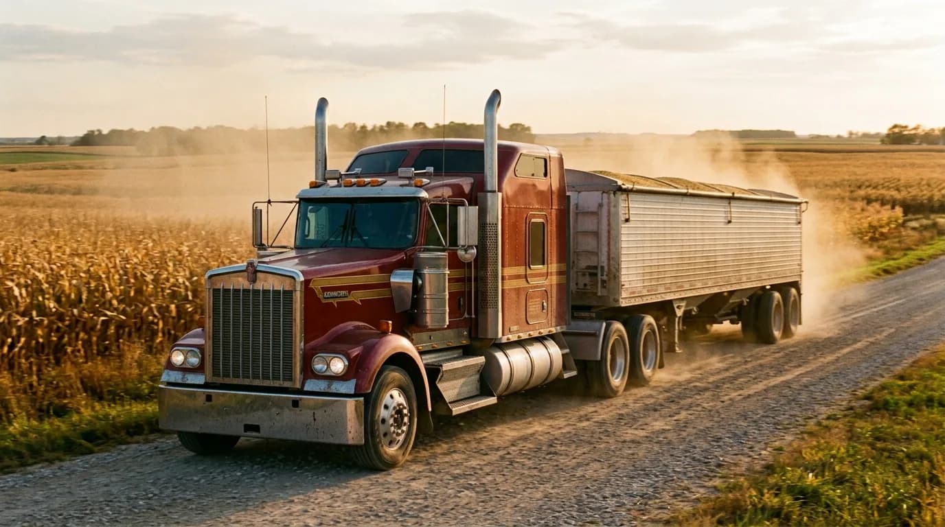 A dark red long-nose Kenworth W900L with gold striping pulling a silver grain hopper trailer down a dusty gravel road beside a cornfield in late-afternoon light.