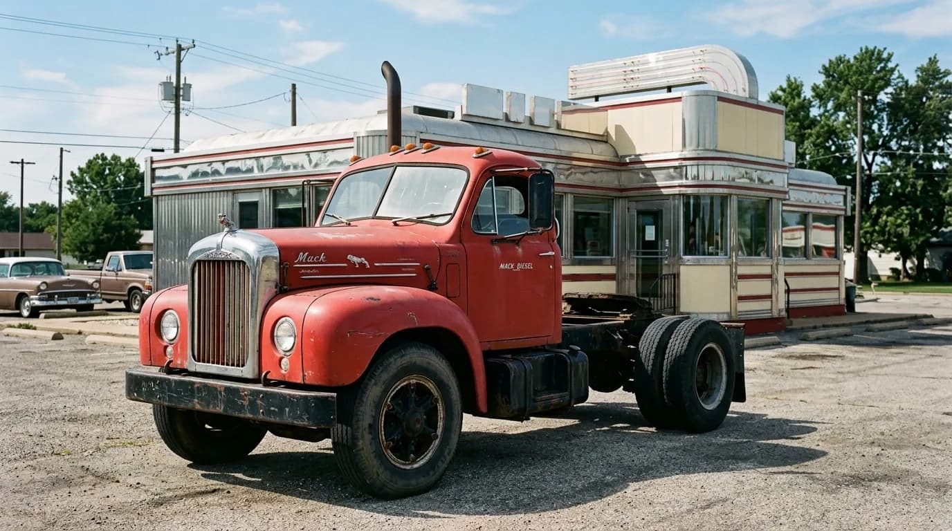 A weathered red Mack B-61 tractor with no trailer parked in front of a chrome 1950s diner at golden hour, with a classic car and pickup truck in the background.