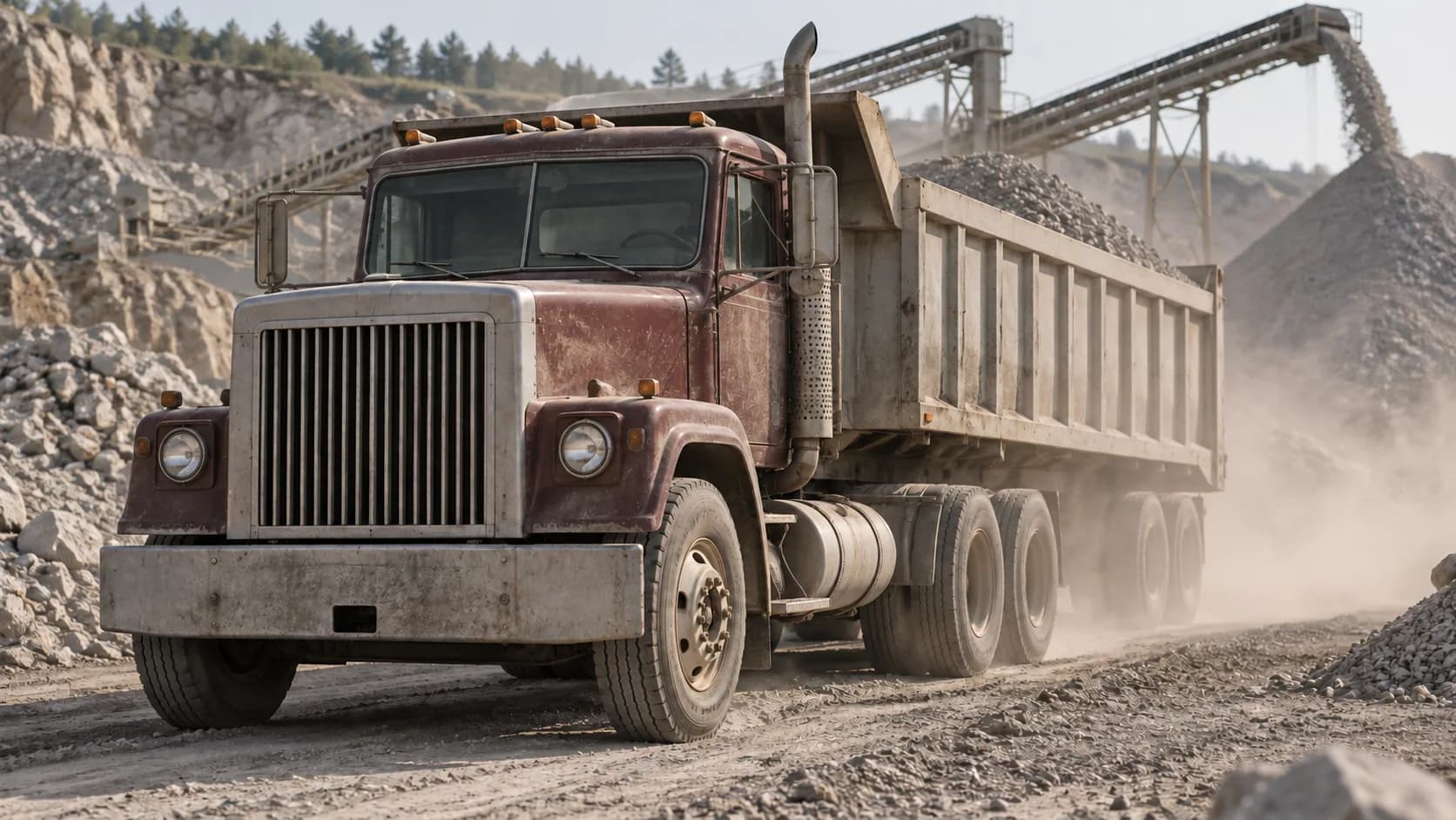 A dusty dump truck rolls out of the quarry with a full load of stone and conveyors pouring gravel behind it. Who still remembers when a five-speed and a torquey diesel did this job