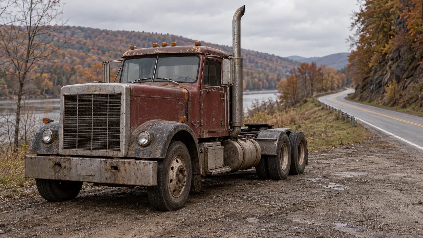 Rust, mud and one tall stack, parked by a river road under autumn hills. Some old conventionals look like they still have one more haul left in them.