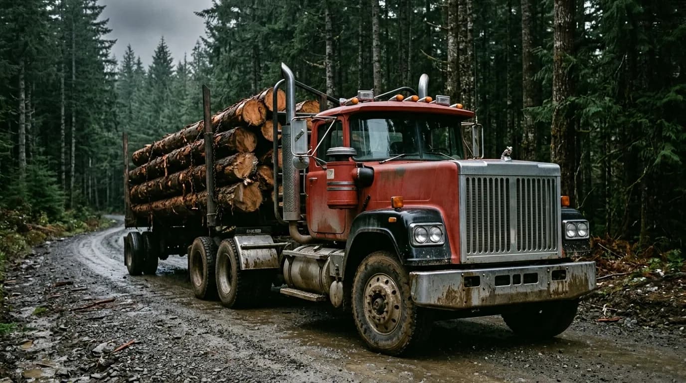 A weathered red Mack long-hood tractor with chrome stacks pulling a trailer loaded with logs along a wet gravel road through a dark evergreen forest, mud on the front bumper.