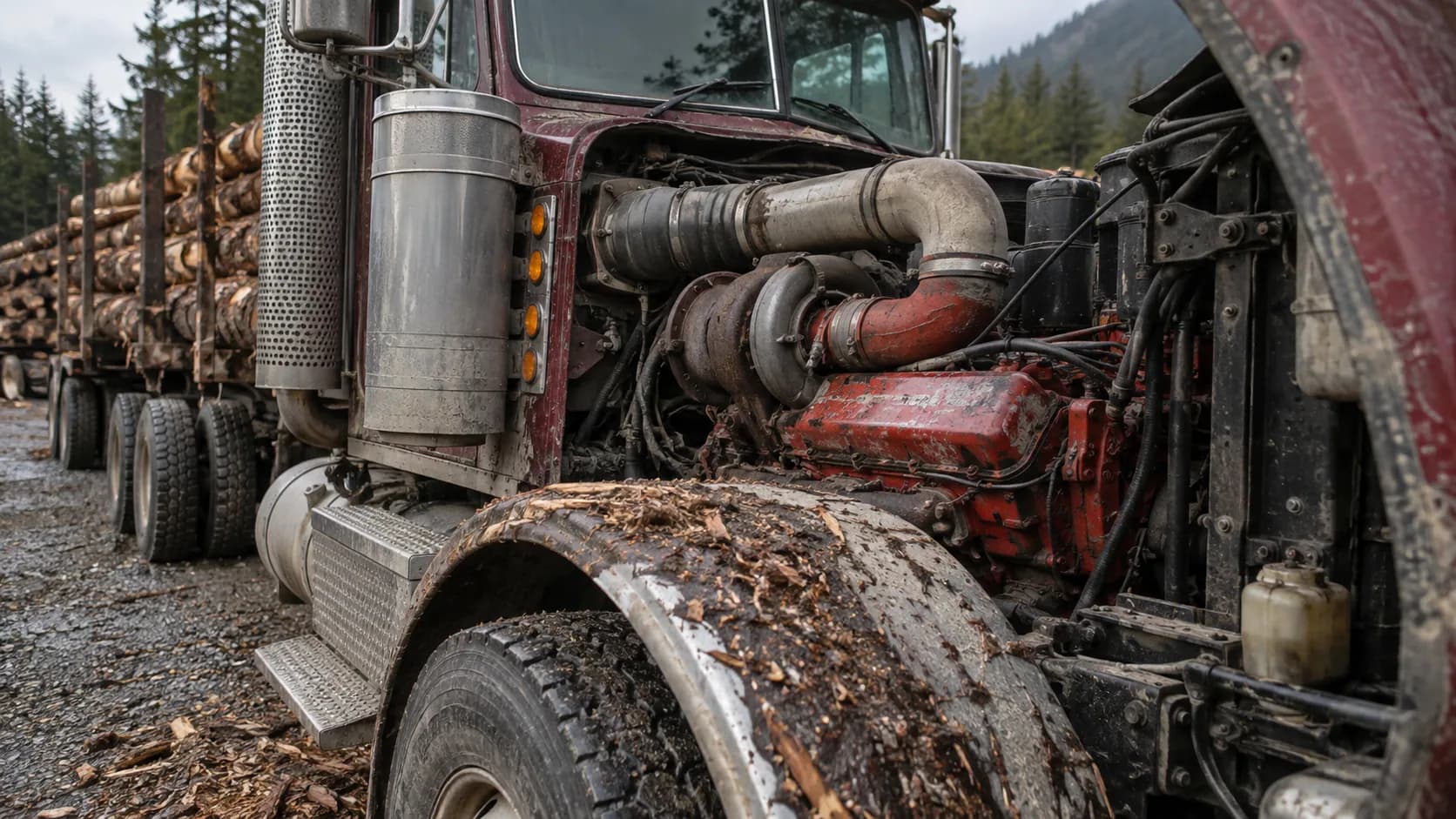 A mud-spattered dark red long-hood truck with its engine bay open, showing a red V8 diesel with a large turbocharger and a silver intake pipe, beside a stack of logs on a gravel yard.