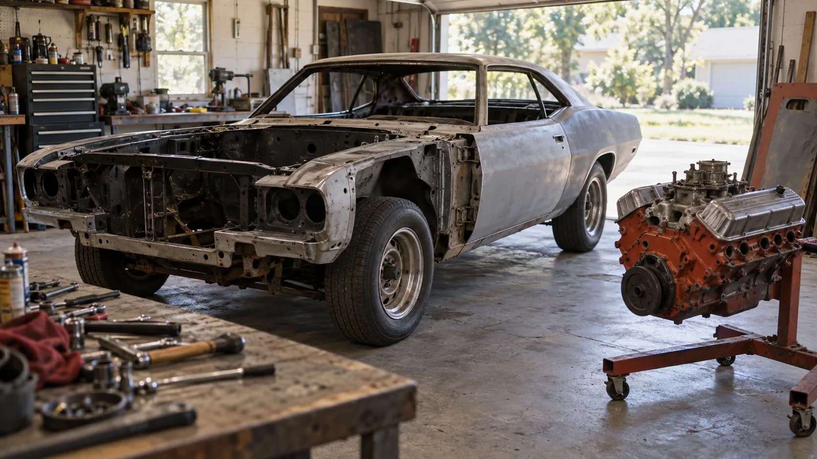 Stripped to bare metal, engine waiting on the stand. When a project gets this far, the tag and the hidden body stamps are what prove which car it really is.