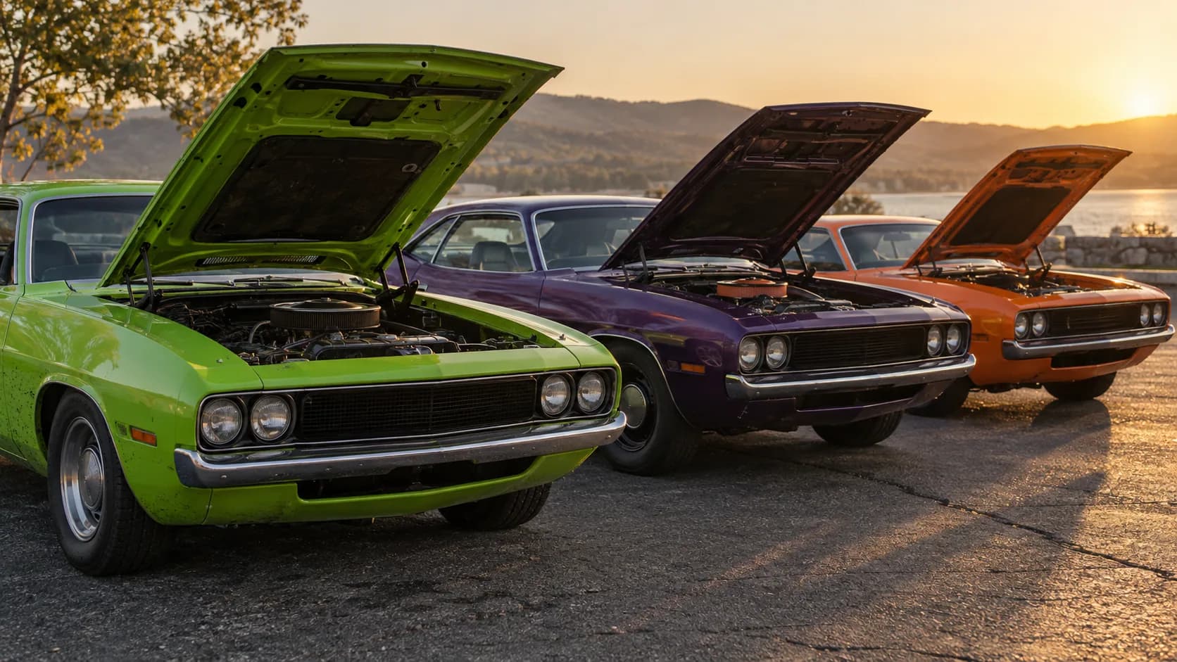Three classic muscle coupes parked in a row at sunset with their hoods raised, painted lime green, purple and orange, with hills and a lake in the background.